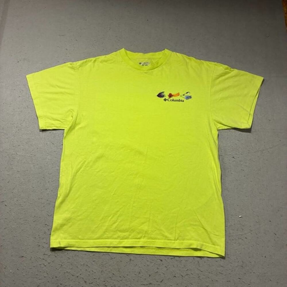 Vintage Columbia Fish Lure Table of Elements Shirt Mens Large Yellow Fishing